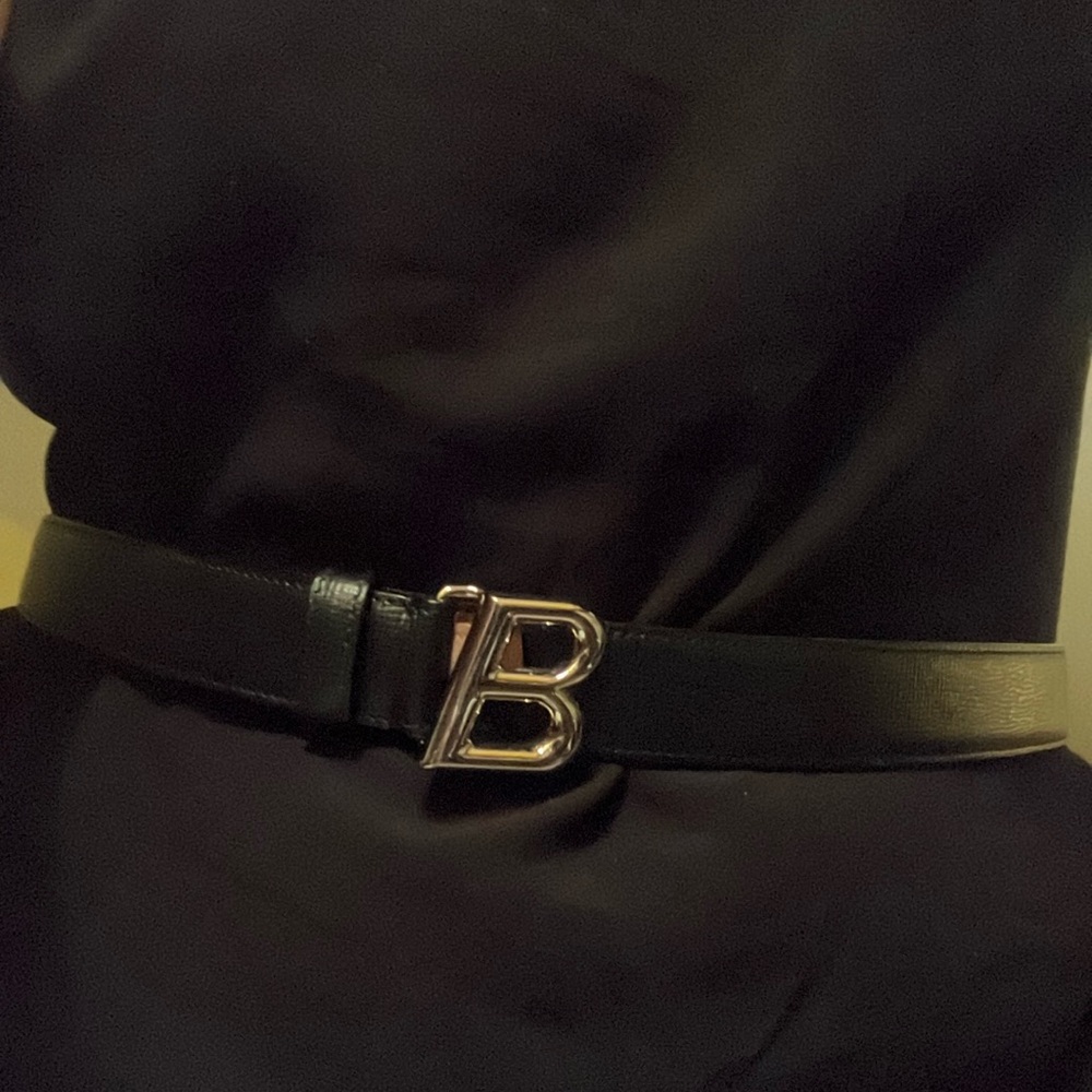 Bally Black Leather Belt with Metallic B Buckle